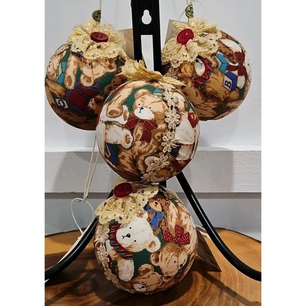 New Vintage 3" Fabric Teddy Bear Christmas Ornament Bulbs 1980's Set Of 4